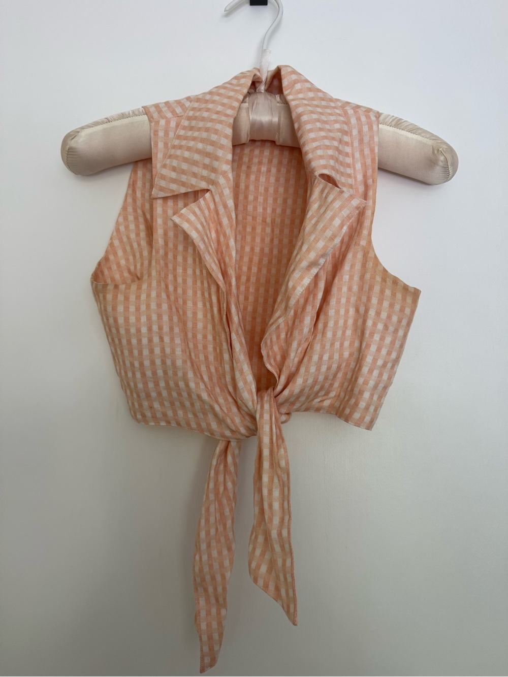 Miguelina Peach Gingham Tie-Front Crop Top